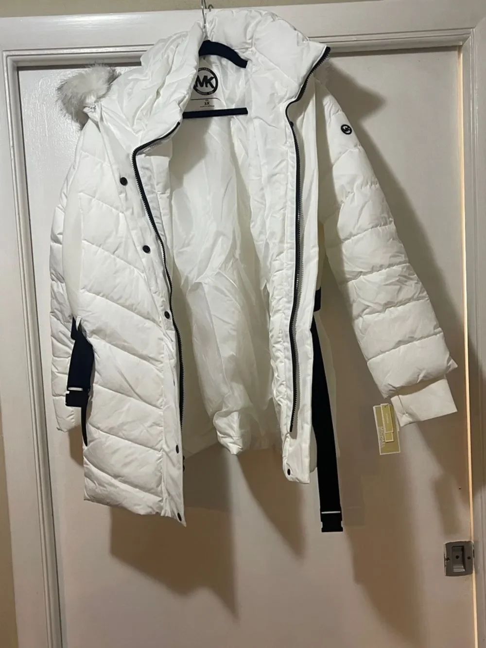 Michael Kors White Quilted Puffer Coat with Black Trim NEW
